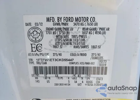 2012 Ford F-150 Xlt from USA, damaged, VIN 1FTFW1ET3CKD55447
